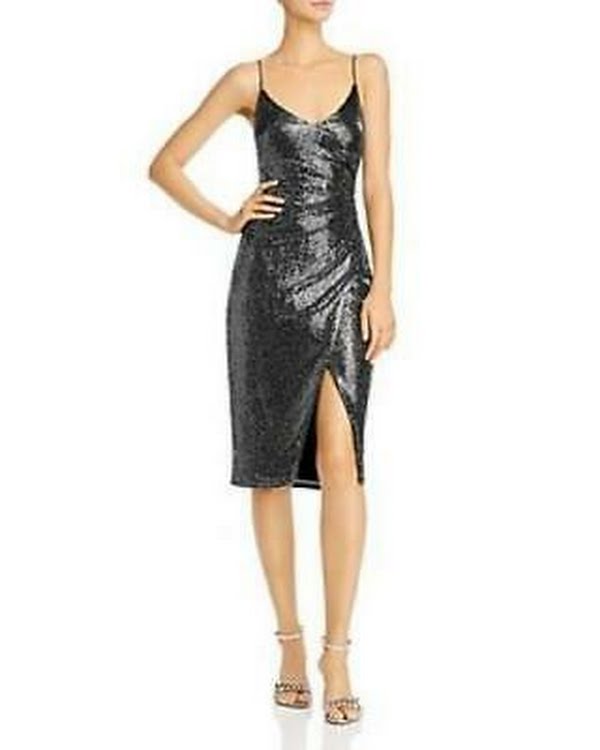 Black Halo Womens Metallic V-Neck Cocktail Dress