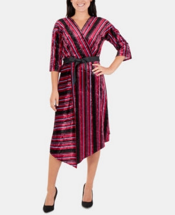 Ny Collection Striped Velvet Faux-Wrap Dress, Size Small