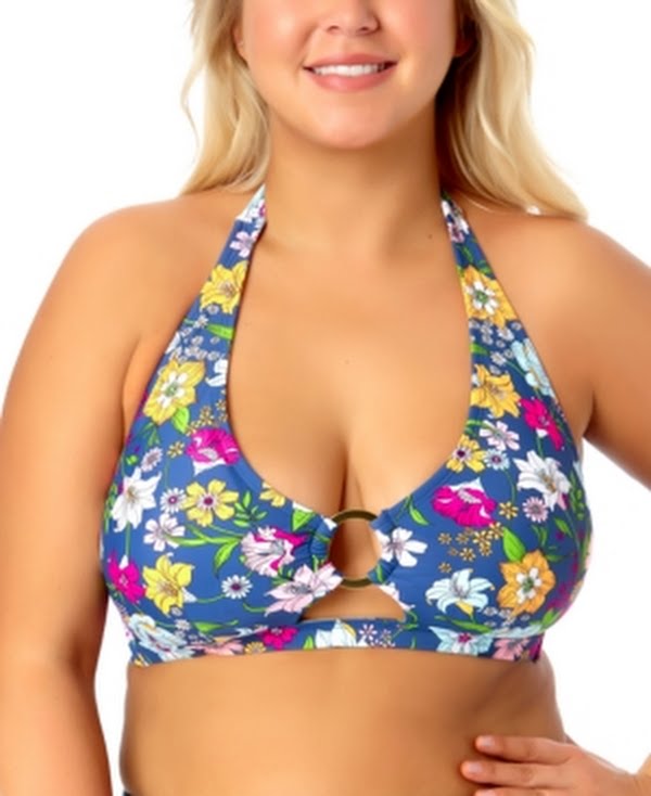 California Waves Trendy Plus Size Ring Front Bikini Top – Blue Floral, Size 1X
