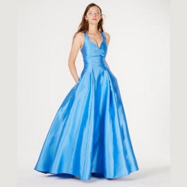 B Darlin Juniors Cage-Back Satin Ballgown, Sky Blue, Size 1-2 (With Defect)