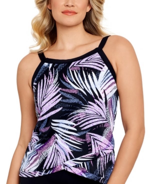 Swim Solutions Printed High-Neck Overlap-Hem Tankini Top