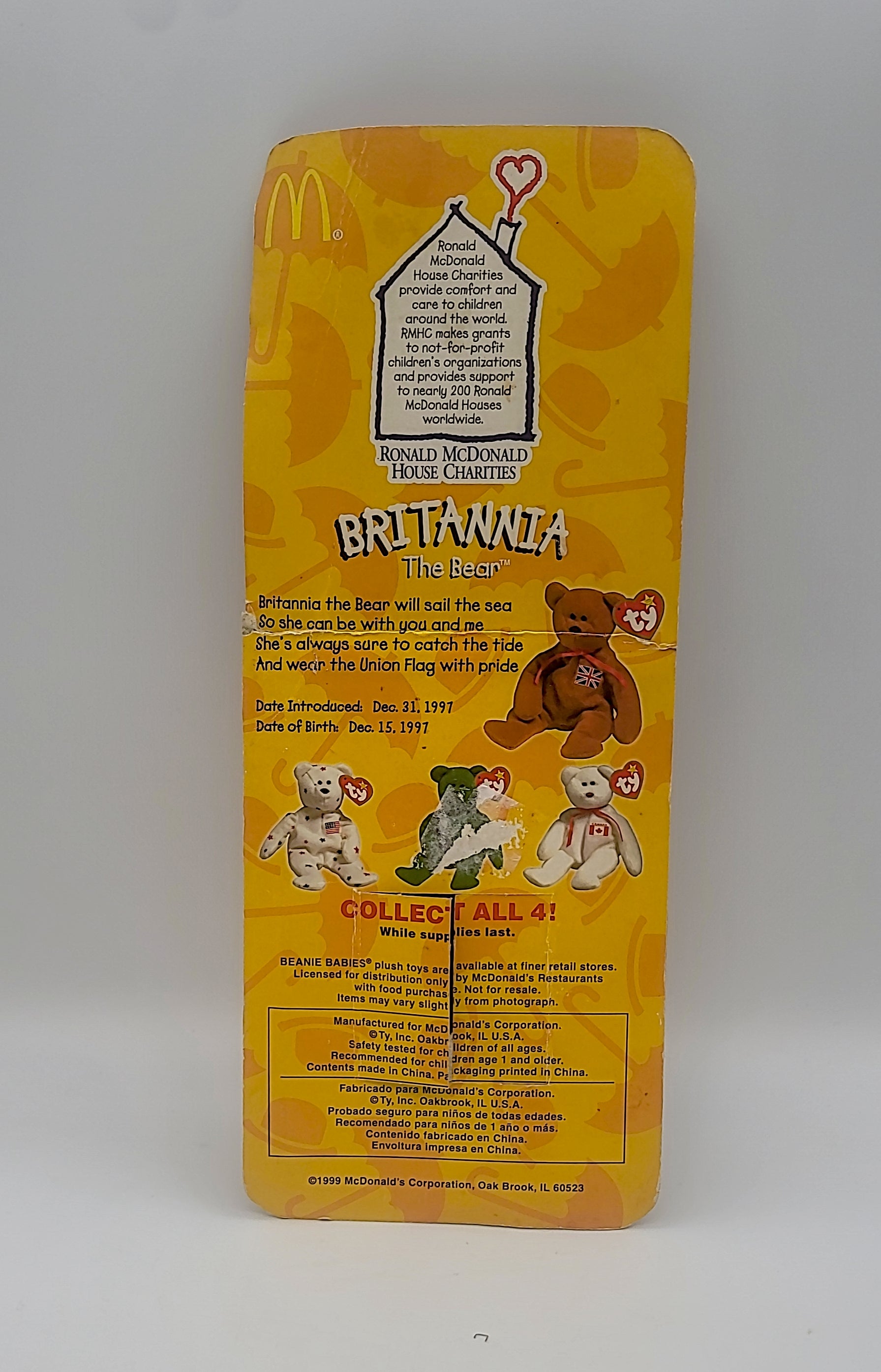 McDonalds Ty Beanie Baby Britannia the Bear Rare With 3TAG Errors 1993 Oakbrook