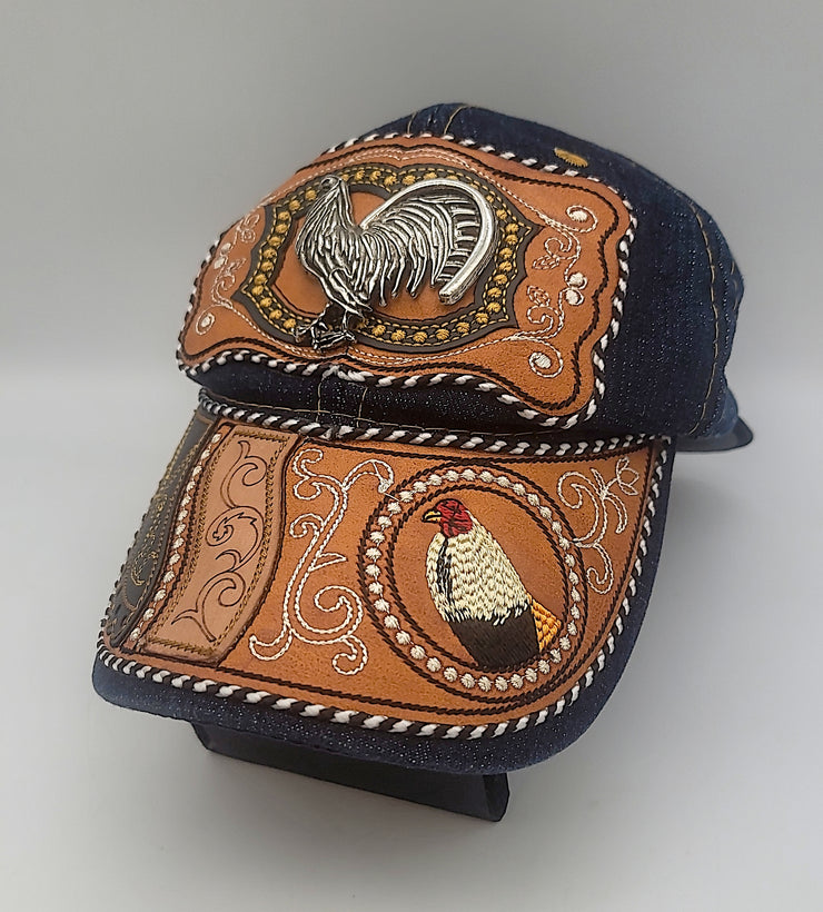 Rodeo Cowboy Bear Eagle Rooster Cock Fight Faux Leather Cotton Jean Cap Hat