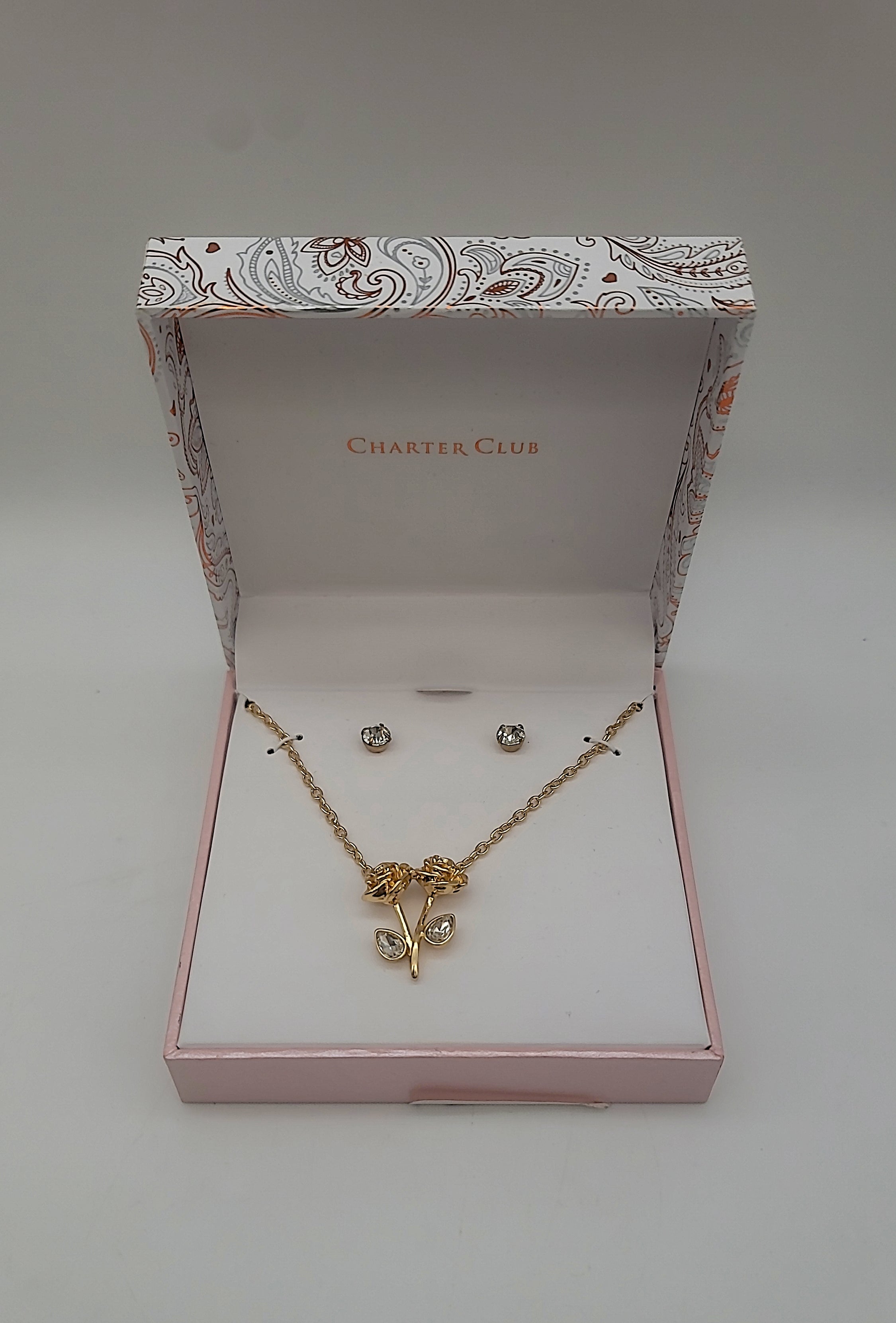 Charter Club Gold-Tone Crystal Rose Pendant Necklace and Stud Earrings Set