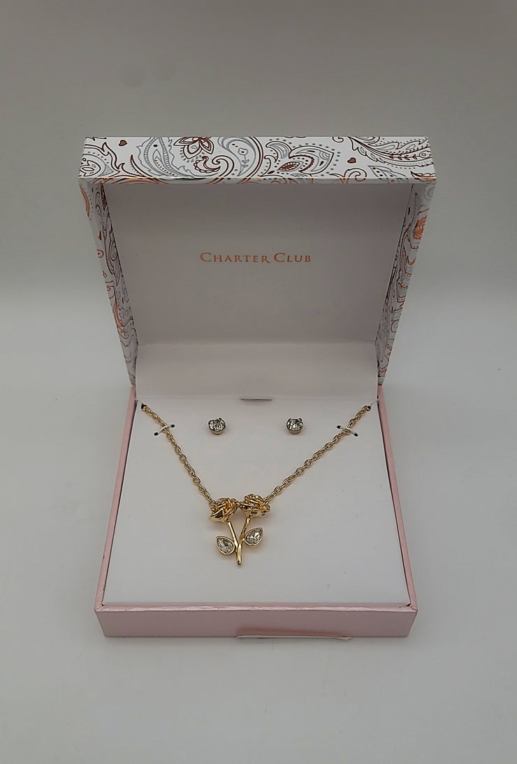 Charter Club Gold-Tone Crystal Rose Pendant Necklace and Stud Earrings Set
