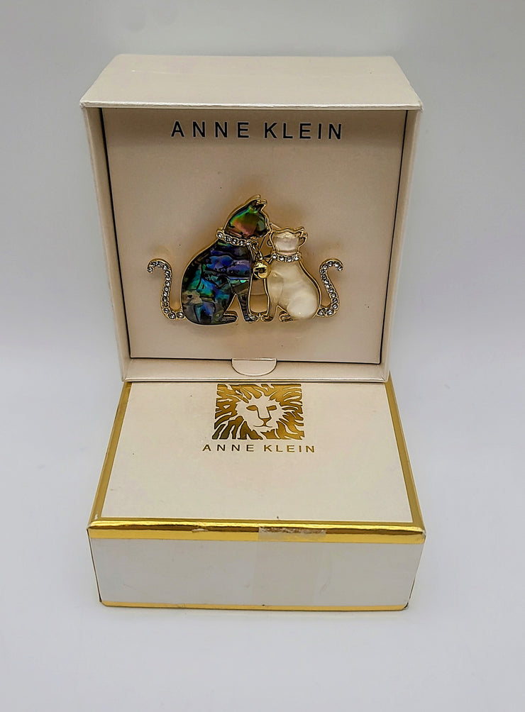 Anne Klein Pin Gold Tone Cats Momma and Kitten Abalone and Mother of Pearl