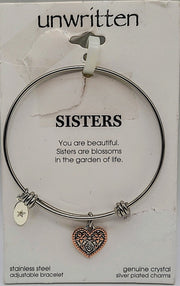 Unwritten Two-Tone Heart Sisters Charm Bangle Bracelet With Silver Plated Charms