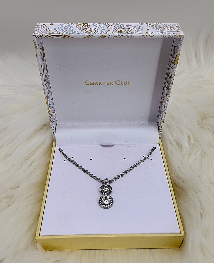 Charter Club Silver-Tone Double Crystal Halo Pendant Necklace