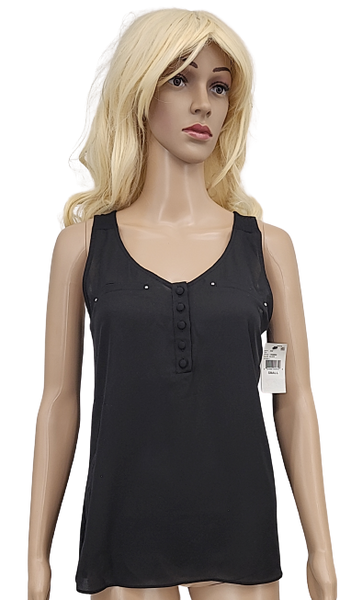 BCX Chiffon Front Knit Back Henley Tank, Black, Size Small