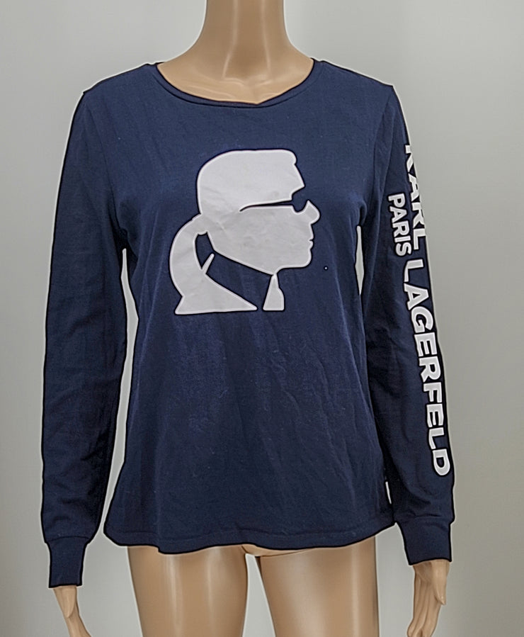 Karl Lagerfeld Paris Signature Womens Logo Blue Long Sleeve Shirt, Size Small