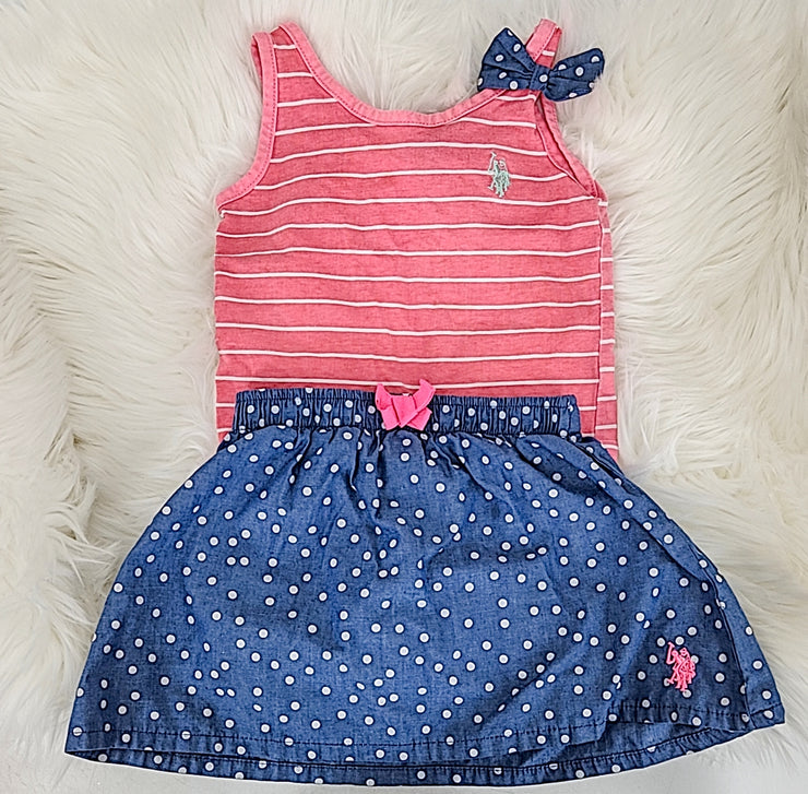 U.S. Polo Assn Baby Girls Mini Stripe Tank Top and Heart Print Pink Skort, 4T
