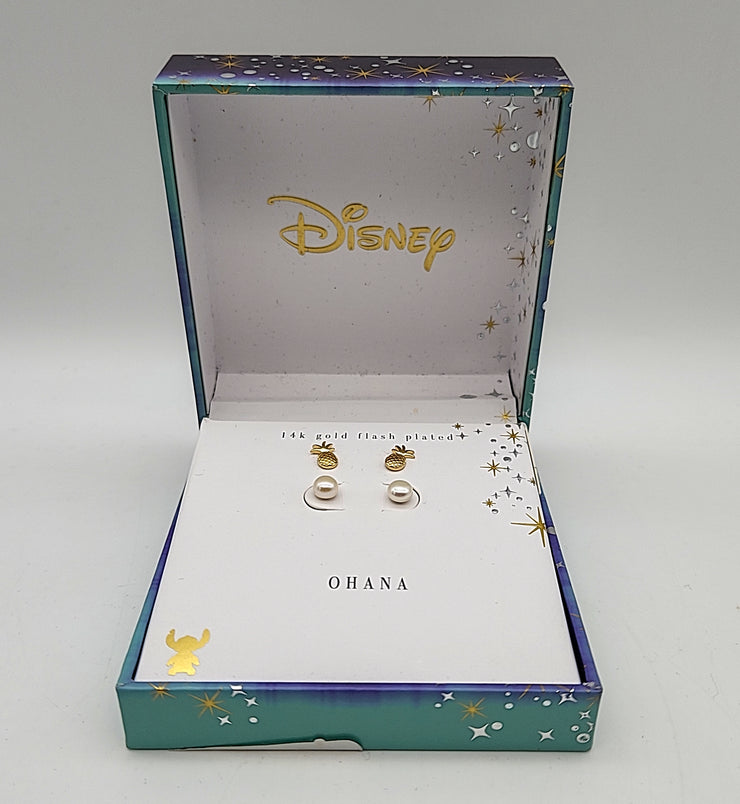 Disney Two-Tone Gold Flash Plated Crystal Ohana Pearl Earring Set