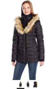 Noize Women's Ivy Large Faux Fur Collar Coat with Hood and Storm Cuffs, Black, M