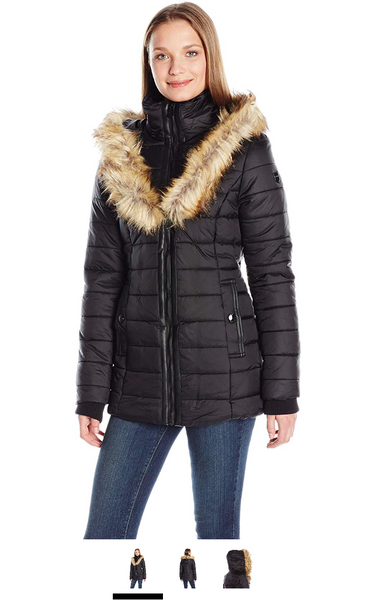 Noize Women's Ivy Large Faux Fur Collar Coat with Hood and Storm Cuffs, Black, M