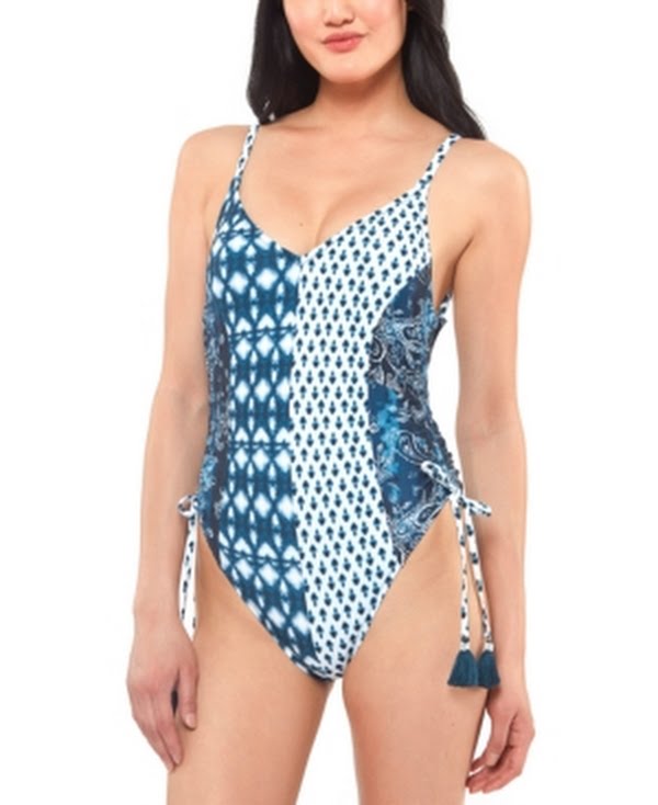 Jessica Simpson Batik Babe Tassel-Trim One-Piece Swimsuit, Size Small