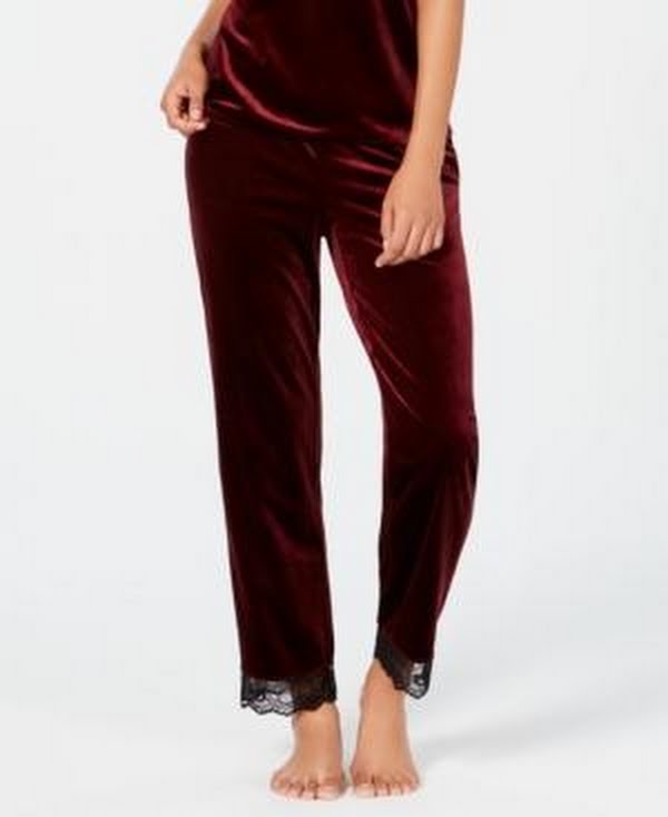 I.n.c. Lace-Trim Printed Velvet Pajama Pants