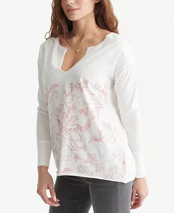 Lucky Brand Printed Split-Neck Cotton Top