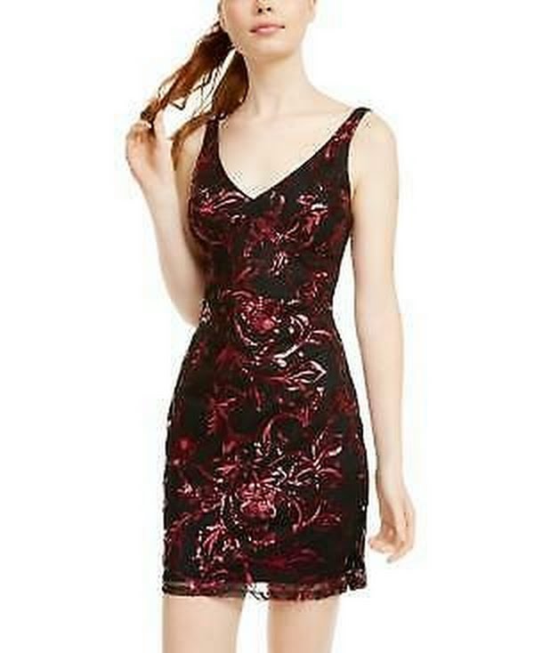 Sequin Hearts Womens Dress Red Black Sheath Sequined Illusion