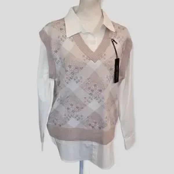 RACHEL ZOE Argyle Twofer Sweater Vest Shirt, Size Medium