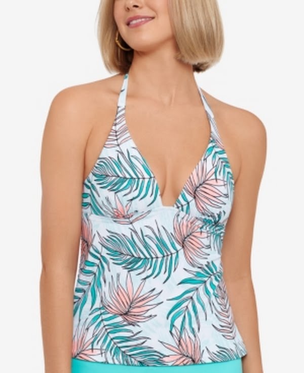 Salt + Cove Womens Printed Removable Cups V Neck Tie Halter Tankini