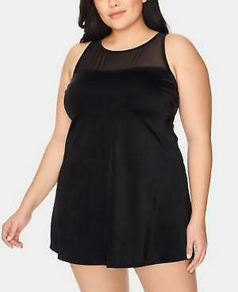 Swim Solutions Plus Size Mesh-Trim Tummy-Control Swimdress, Size 22W