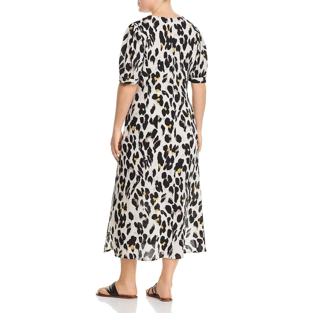 Lost Ink Womens Plus Puff Sleeve Animal Print MIDI Dress