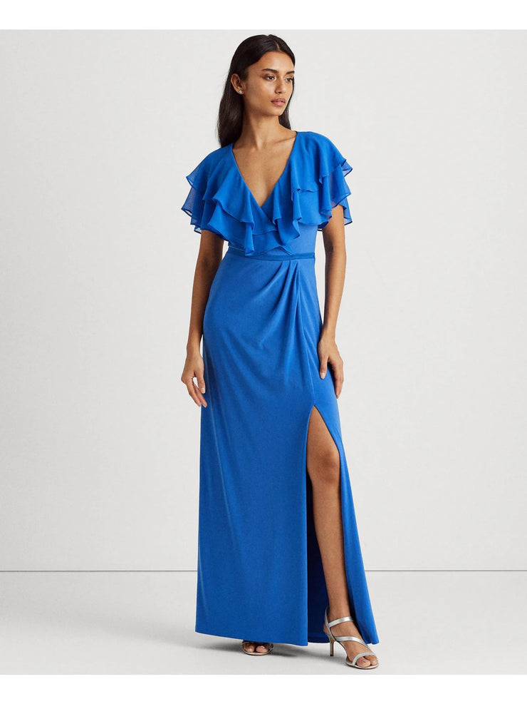 Lauren Ralph Lauren Womens Blue Lined Flutter Sleeve Full-Length Gown Dress 16