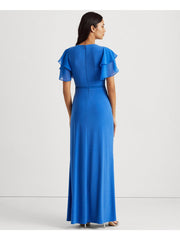 Lauren Ralph Lauren Womens Blue Lined Flutter Sleeve Full-Length Gown Dress 16