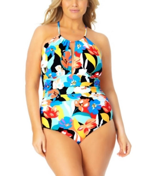 Anne Cole Signature Womens Plus Size Modern Blooms High-Neck One-Piece, 22W