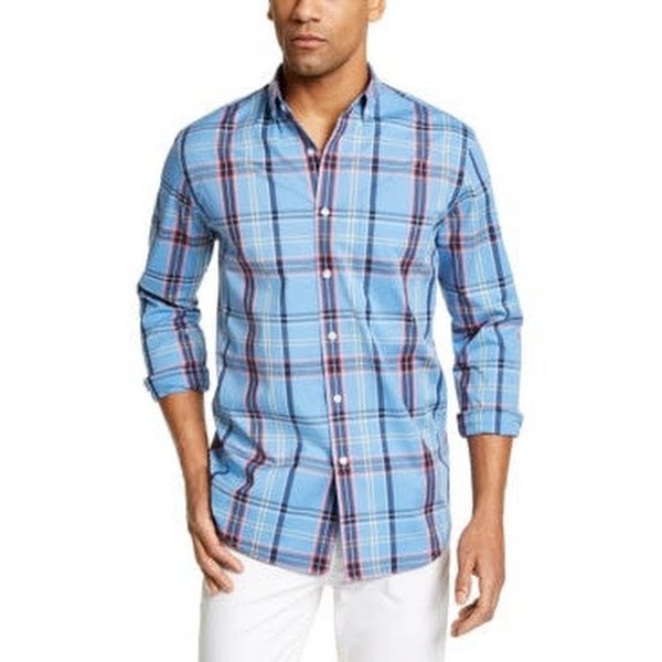 Club Room Mens Herringbone Plaid Pocket Shirt