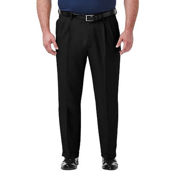 Haggar Mens Big and Tall Stretch Classic-Fit Solid Pleated Dress Pants