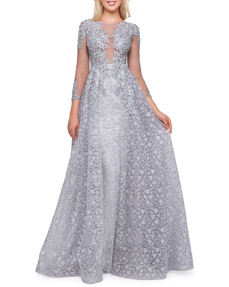 Mac Duggal Boat-Neck 3/4-Sleeve Illusion Gown with Lace Overlay Size 4  $798