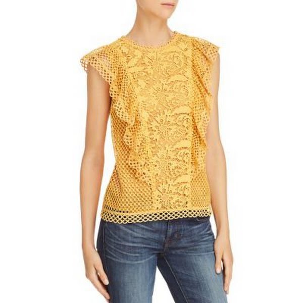 Aqua Sleeveless Semi-Sheer Lace Top, Mustard, Size Small