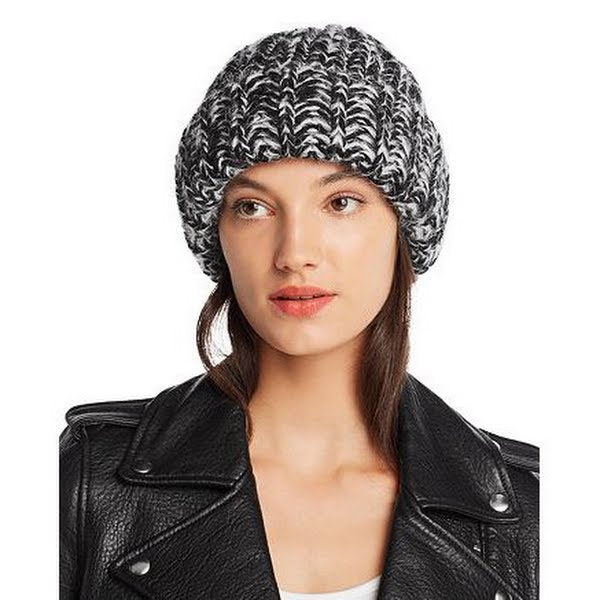 Aqua Marled Rib-Knit Beanie, Black/Ivory-Size OS