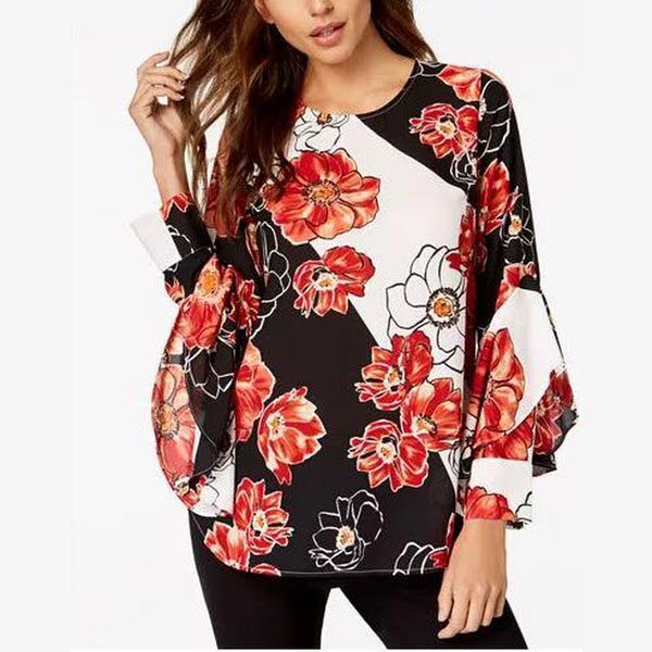 Alfani Petite Printed Ruffle Sleeve Blouse, Size PS