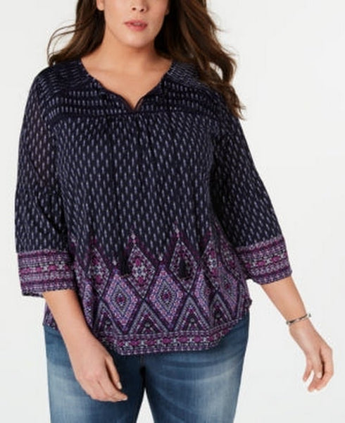 Style & Co Plus Size Border-Print Peasant Top, Size 0X