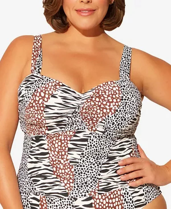 Bleu by Rod Beattie Plus Size Animal-Print Shirred Underwire Swimsuit, Size 16W