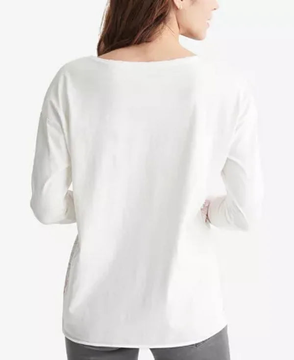 Lucky Brand Printed Split-Neck Cotton Top