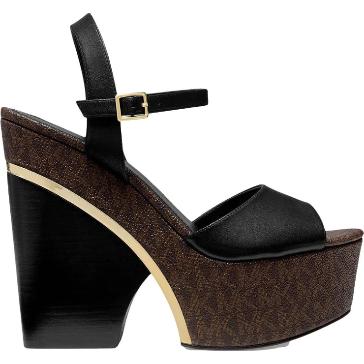 Michael Kors Lana Logo and Leather Wedge Sandal – Blk/Brown, Size 8