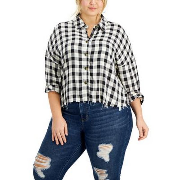 LoveFire Plus Size Raw Hem Plaid Button-Down Top