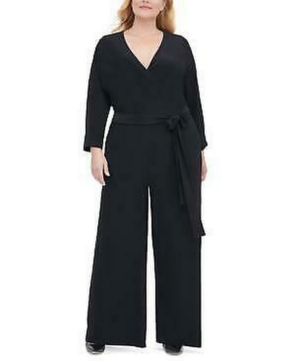 Tommy Hilfiger Womens Black Belted Zippered Wrap Wide Leg Jumpsuit/Size 16W