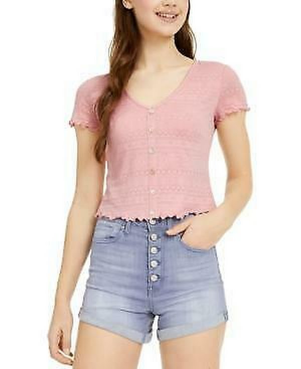 Hippie Rose Juniors Button-Trimmed Lace Top, Size XL