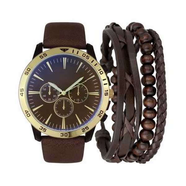 Inc Brown Faux-Leather Strap Watch 48mm and 3-PC. Bracelet Set