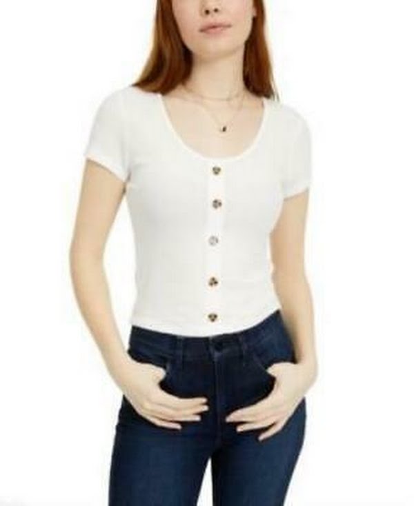 Hippie Rose Juniors Button-Trimmed Waffle-Knit Top