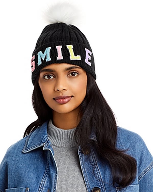 Aqua Pom-Pom Smile Knit Hat, Black, Os