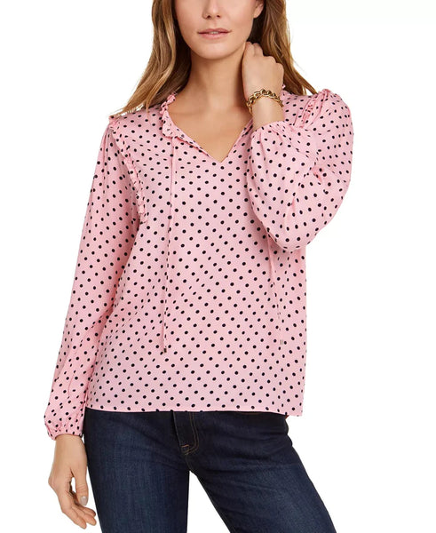 Tommy Hilfiger Women's Polka Dot Long Sleeve V Neck Blouse Top