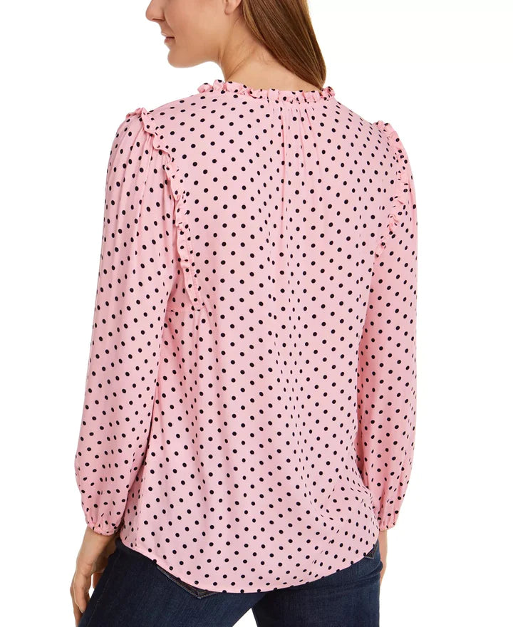 Tommy Hilfiger Women's Polka Dot Long Sleeve V Neck Blouse Top