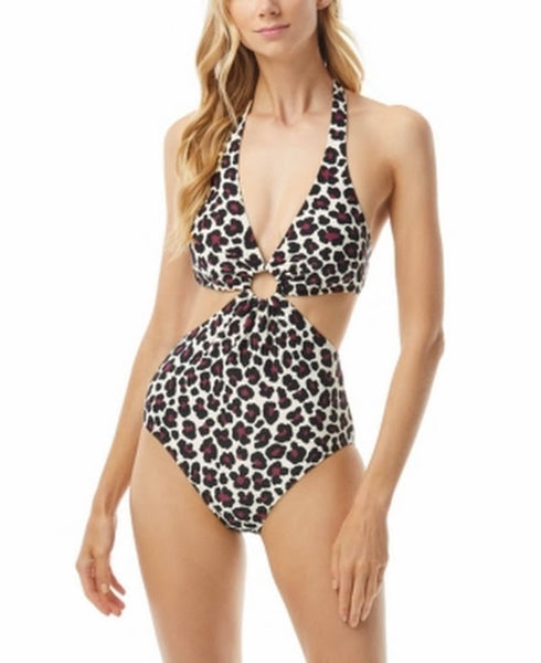 Michael Michael Kors Animal-Print Cut-Out Halter One-Piece Swimsuit, Size 14