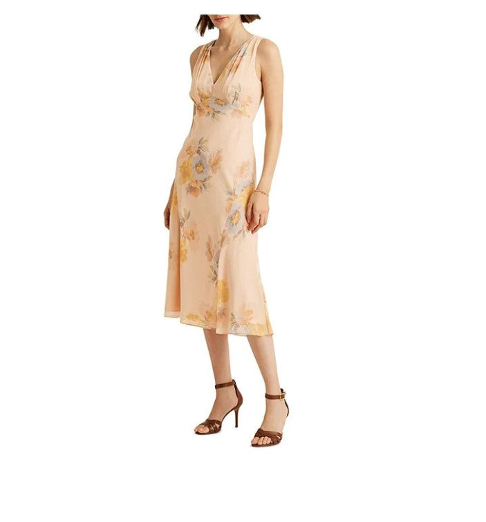 Ralph Lauren Crinkled Georgette V-Neck Empire Waist Midi Dress, Size 16