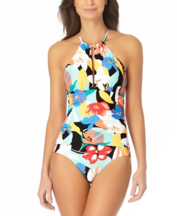 Anne Cole Womens Multi Color Printed High-Neck One-Piece Swimsuit